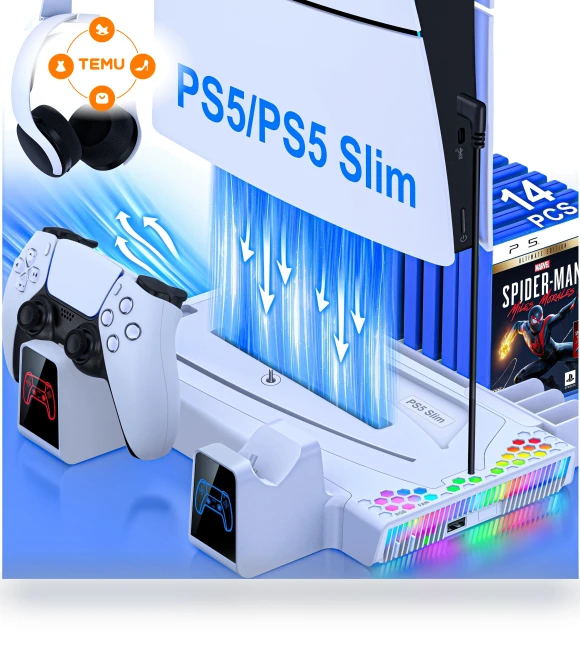 Stand Cooling Station for PS5 Slim with Dual Controller Charging, RGB Lights — Accessories