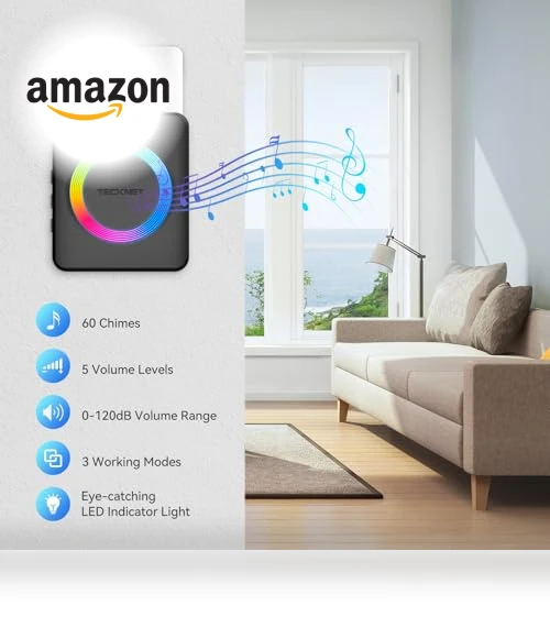 Wireless Doorbell with 1300ft Range, 60 Chimes, IP65 Waterproof — Kits, TECKNET