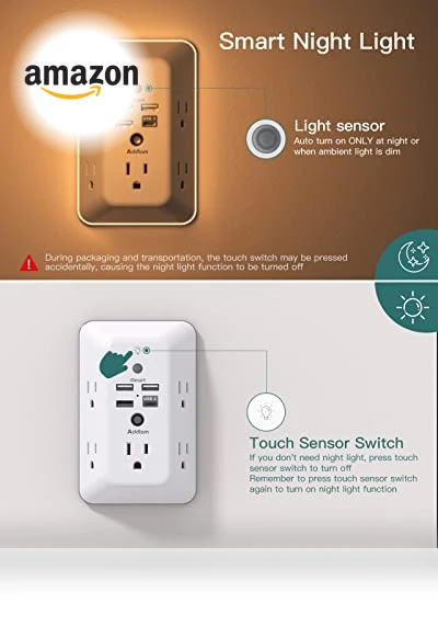 5-Outlet Splitter with 4 USB Ports and Night Light — Power Solutions & Surge Protection, Addtam