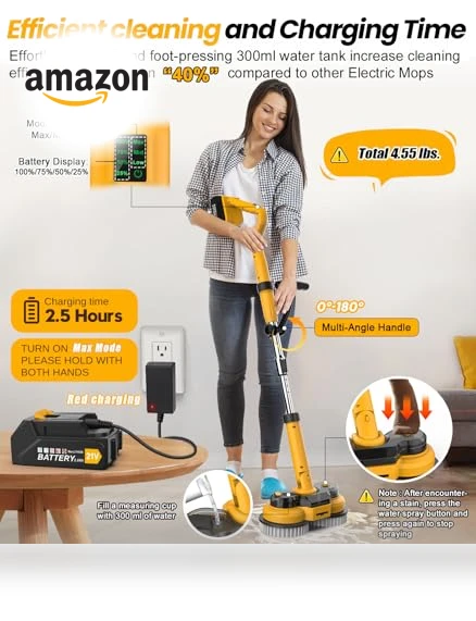 6000mAh Battery Electric Mop with Smart Display and LED Light — Cordless Vacuums & Sweepers, qimedo