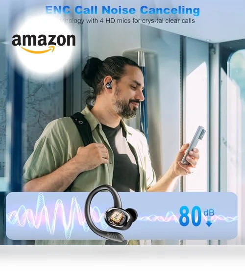 Bluetooth 5.4 Wireless Earbuds with Earhooks, 50H Playtime, ENC Noise Canceling, IP7 Waterproof — In-Ear Headphones, Hupoaf