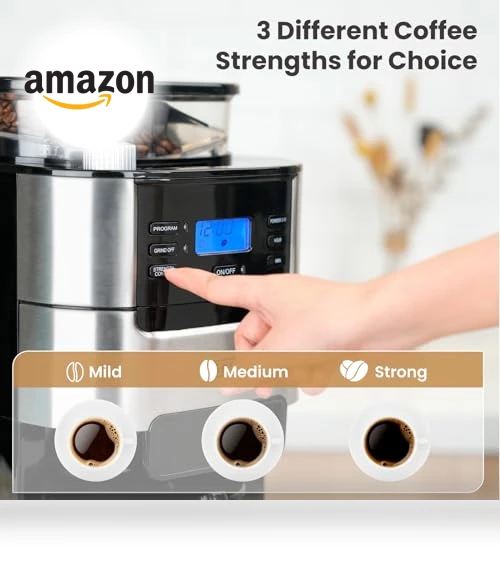 10-Cup Drip Coffee Maker with Built-in Grinder, Programmable Brew Coffee Machine — Electric Blade Coffee Grinders, Gevi