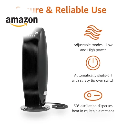Oscillating Tower Heater with Digital Display and Remote Control — Portable Heating Solutions, Amazon Basics