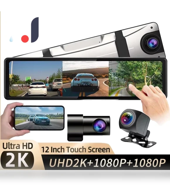 12-inch Touch Screen QHD 2K Triple Lens Dash Cam Mirror — Rearview Cameras for Cars, Simplistic Living Home