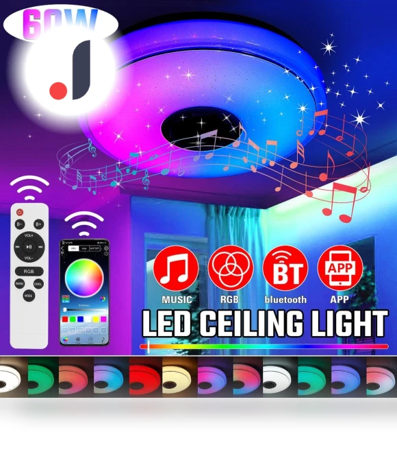 Modern LED Ceiling Light with RGB, Bluetooth App Remote Control, and Speaker — Overhead Lighting, Refreshing Home