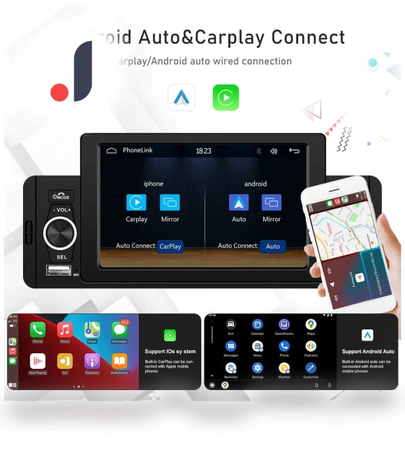 5-inch HD Wireless CarPlay 1Din Video Multimedia MP5 Player — Stereo Receivers, A Surname Home