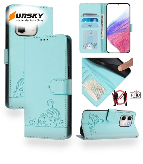Cat Rat Embossed Pattern RFID Leather Phone Case with Lanyard for Infinix Hot 50i 5G / Smart 9 4G — Phone Accessories, Infinix