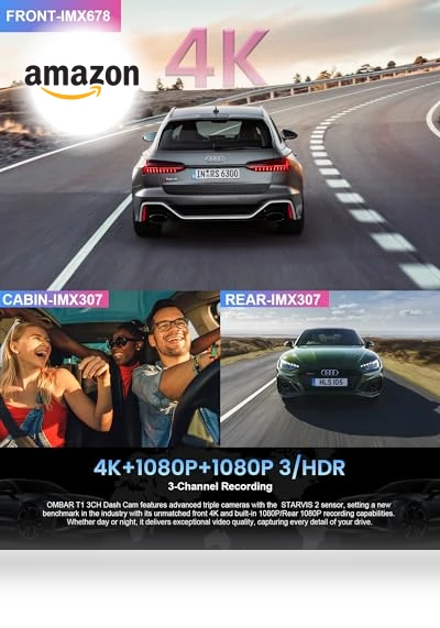 4K 3 Channel Dash Cam — Rearview Cameras for Cars, OMBAR