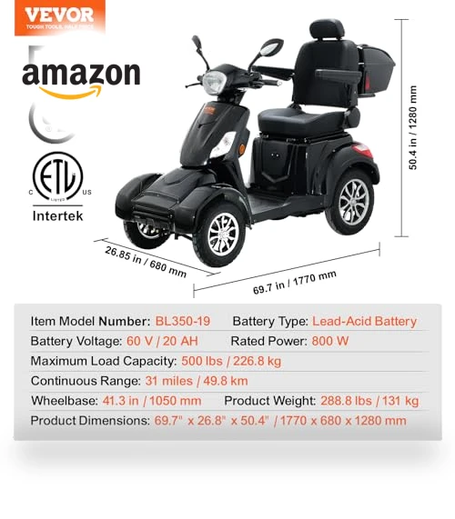 Heavy Duty 4-Wheel Mobility Scooter — Electric Self-Balancing Scooters, VEVOR