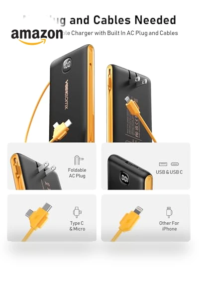 Portable Charger Power Bank with Built-in Cables and Wall Plug — Chargers, VEEKTOMX