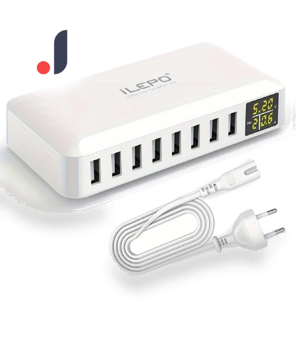 60W 8-Port USB Charging Hub with LED Display — Power Hubs, JadeBamboo Chargers Warehouse