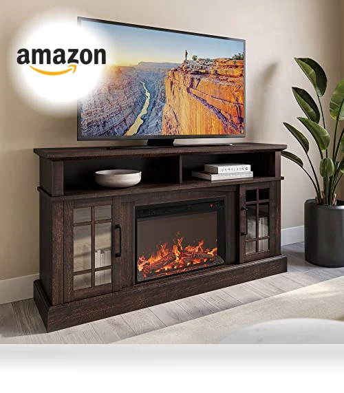 Traditional 58" Rustic TV Stand with Electric Fireplace Heater — Stands, BELLEZE