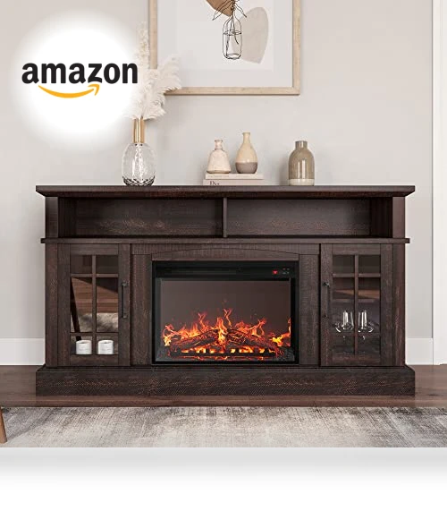 Traditional 58" Rustic TV Stand with Electric Fireplace Heater — Stands, BELLEZE