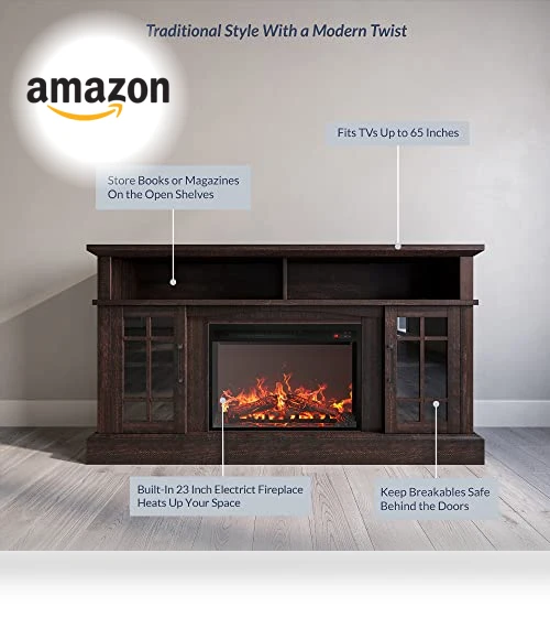 Traditional 58" Rustic TV Stand with Electric Fireplace Heater — Stands, BELLEZE