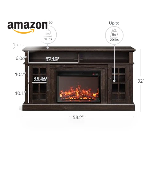 Traditional 58" Rustic TV Stand with Electric Fireplace Heater — Stands, BELLEZE