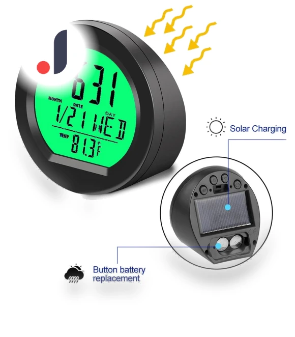 Digital Solar-Powered Car Clock with Temperature Display — Clock, NyPhoenix Auto