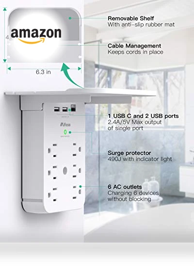 Wall Outlet Extender with Surge Protector — Multi-Outlets, mifaso