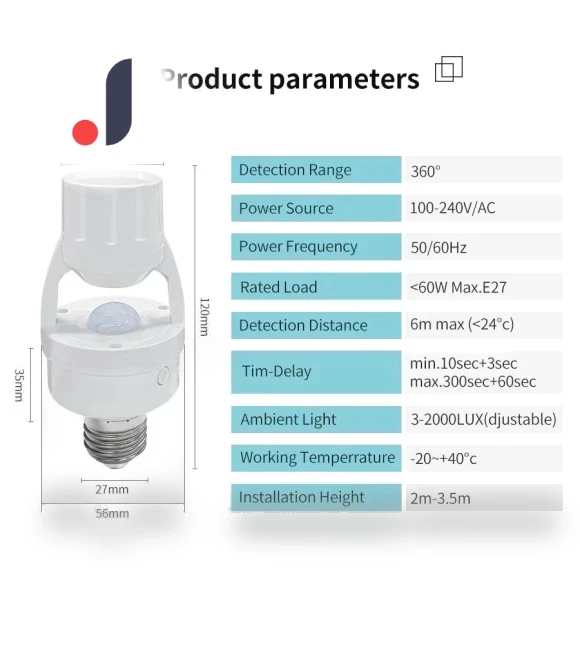 E27 Base Lamp Holder with PIR Motion Sensor Converter — Light Sockets, Build My Home