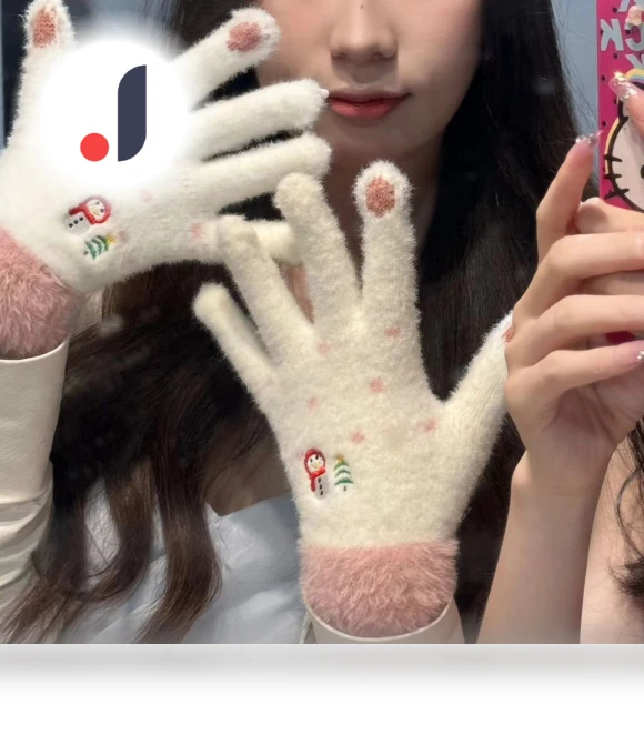 Mitten Snowman Cute Warm Fashionable Gloves with Five Fingers Touch Screen Folded Thickened Knitted Gloves Cold... — Cold Weather Gloves, Female s