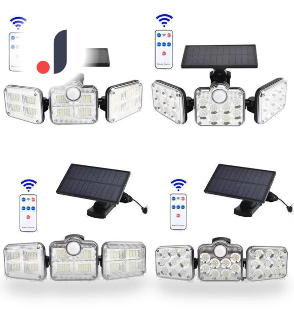 Three-Headed Solar-Powered LED Wall Light with Motion Sensor — Outdoor Security & Flood Lighting, AI Supermarket