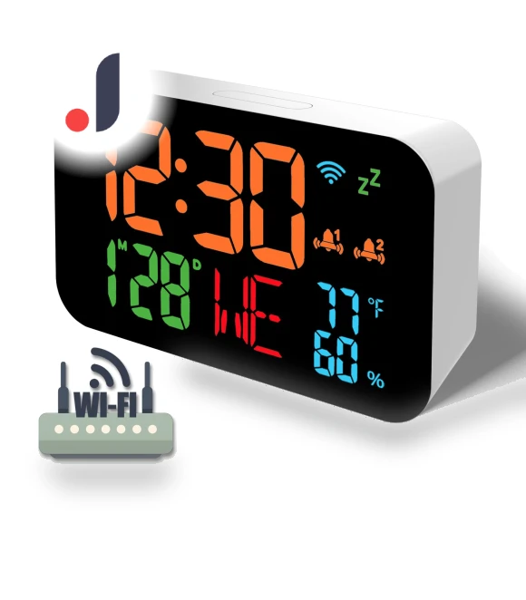WiFi Desktop Clock with Calendar, Humidity, Smart Thermometer, and LED Display — Alarms & Clocks, DC-HOME Textile