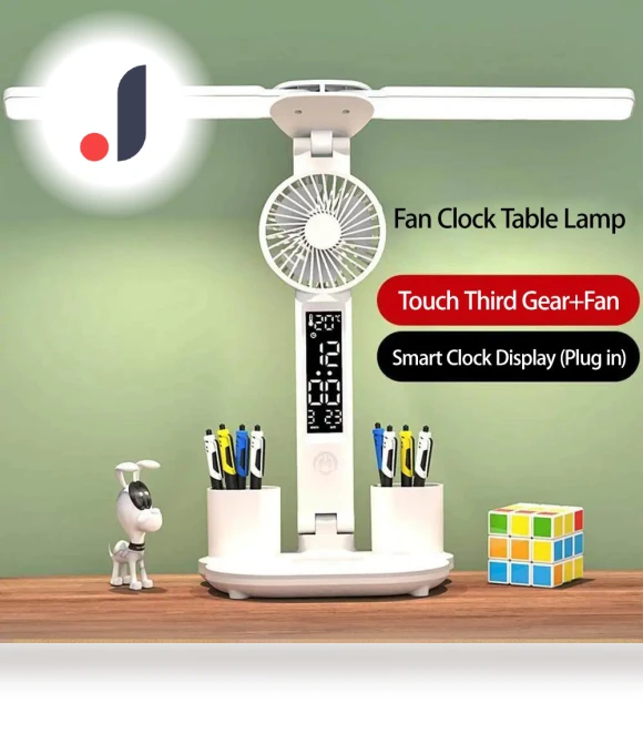 LED Desk Lamp with Foldable Fan and Smart Display Clock — Study & Desk Lighting, TOP-MALL-001
