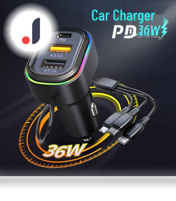 Dual USB Car Charger with PD One-to-Three High-Power Smart Wired Fast Charging Cable — Chargers, Discount Domain