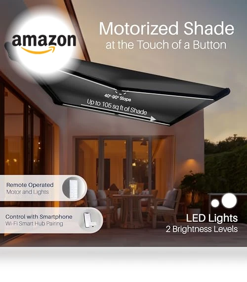 Full Cassette Motorized Retractable Patio Awning with LED Lights — , ALEKO