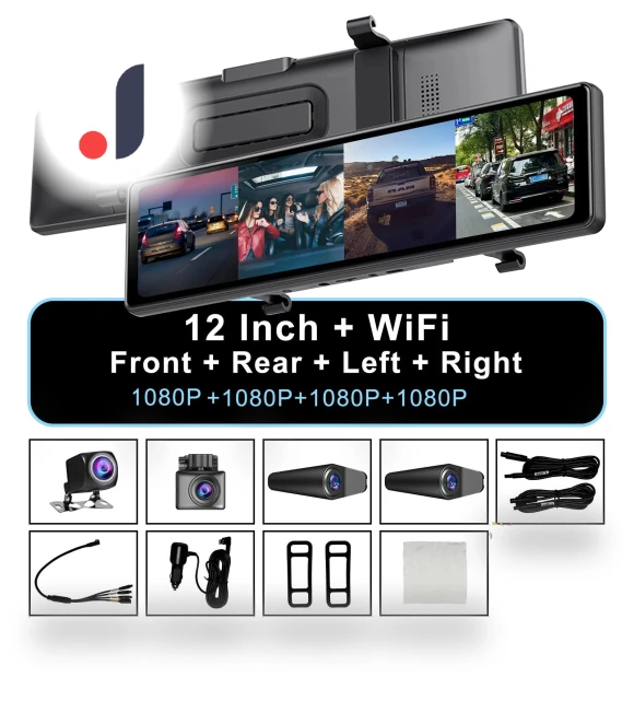 4-Channel 12-Inch Dash Cam with Rearview Mirror — Dashboard Cameras, Simplistic Living Home