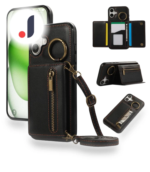 Leather Back Cover Zipper Wallet Kickstand Phone Case with Shoulder Strap — Phone Accessories, Smartwatch 2025