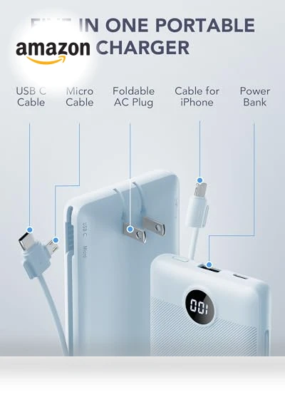 Portable Charger Built-in Cables and AC Wall Plug — Battery Charger Cases, VRURC