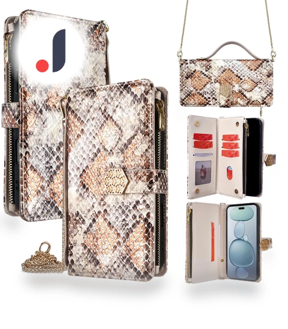 Snake Skin Texture PU Leather Phone Wallet Cover with Shoulder Strap — Phone Accessories, Smartwatch 2025