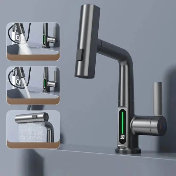 Digital Display Pull-out Lift Mixer Tap — Sink Faucets & Parts, SUN LL