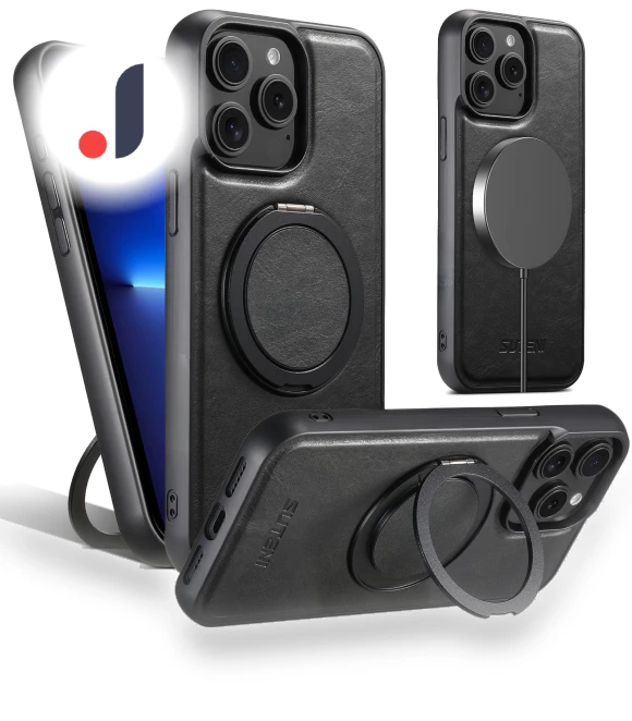 Leather Phone Back Cover with Rotating Kickstand — Phone Accessories, SUTENI