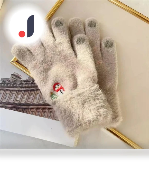 Mitten Snowman Cute Warm Fashionable Gloves with Five Fingers Touch Screen Folded Thickened Knitted Gloves Cold... — Cold Weather Gloves, Female s