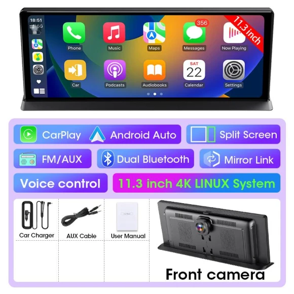 4K Wireless Carplay Android Auto AI Screen Dash Cam — Rearview Cameras for Cars, Auto Accessories Home