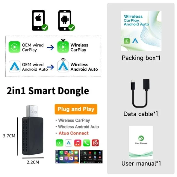 Wireless Carplay Android Auto WiFi Fast Connect Smart Dongle 2in1 — USB, Auto Accessories Home