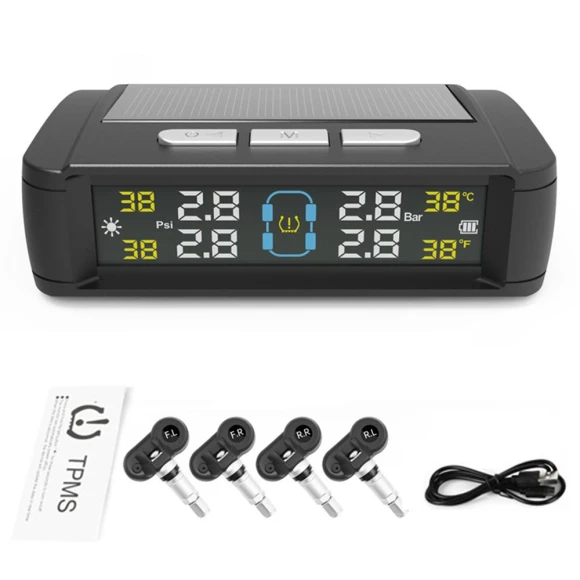 Solar/USB Powered Tire Pressure Monitoring System with 4 External Sensors — TPMS Sensor Replacements, LEEPEE