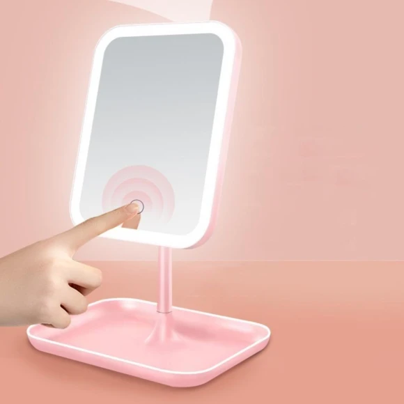 Three-color Light LED Cosmetic Mirror with Dimmable Rotating Smart HD Table Mirrors Makeup Tool — Handheld, quanyu