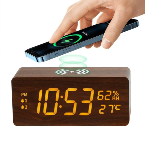 Wooden Wireless Charging Clock with Temperature and Humidity Display — Clocks, Fashionable bags