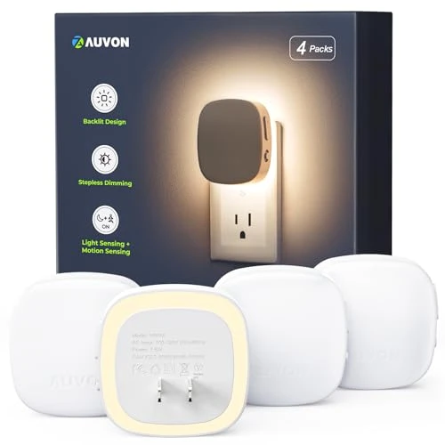 Plug-in LED Backlit Night Light with Motion Sensor & Dusk to Dawn Sensor, Dimmable Warm White Nightlight with Adjustable... — Night Lights, AUVON