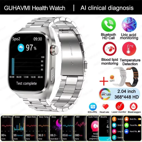 Smart Watch for Men with Blood Uric Acid, Blood Fat, ECG+PPG, Heart Rate, Blood Pressure, Bluetooth, Call, Sports... — Smartwatches, ElectronicsHome