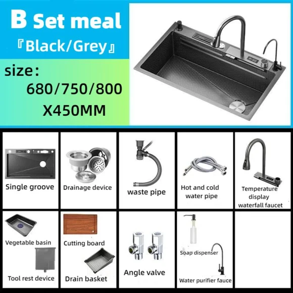 Kitchen Sink with Waterfall Faucet Workstation — Single Basin Sinks, WULIAN