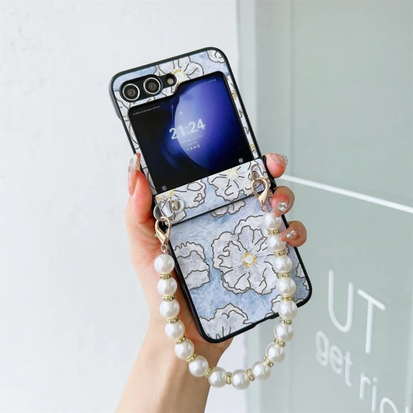 Hinge Design Lacquered Flower Pattern PU Leather+PC Case with Pearl Chain — Basic Cases, Smartwatch 2025