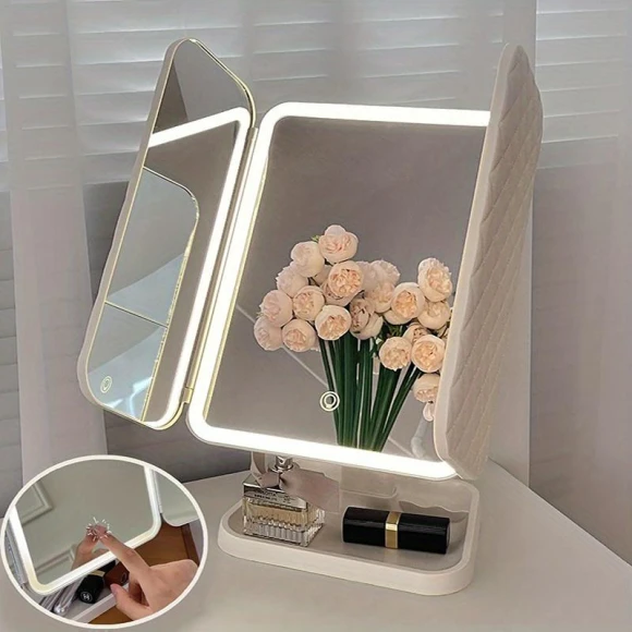 Portable Triple Makeup Mirror with 180° Rotation, Touch Screen, and LED Lighting — Compact & Travel, JingYou-home