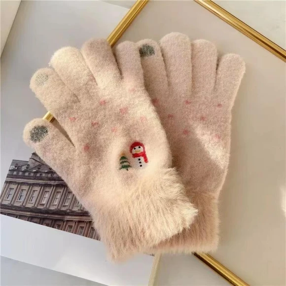 Mitten Snowman Cute Warm Fashionable Gloves with Five Fingers Touch Screen Folded Thickened Knitted Gloves Cold... — Cold Weather Gloves, Female s