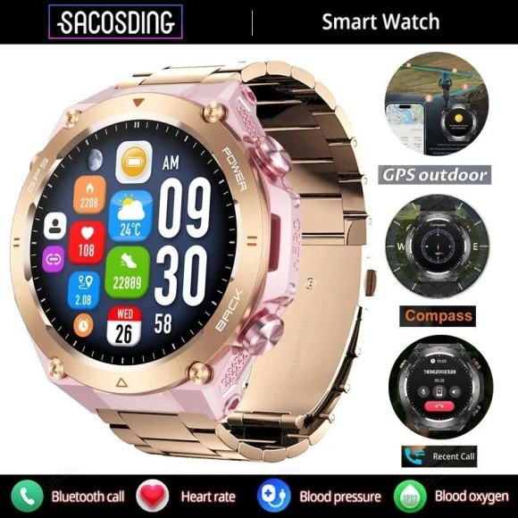 Smart Watch with GPS, Outdoor Compass, 1ATM Waterproof, 1.45 Inch AMOLED Display, Bluetooth 5.2, Voice Assistant — Smartwatches, SACOSDING