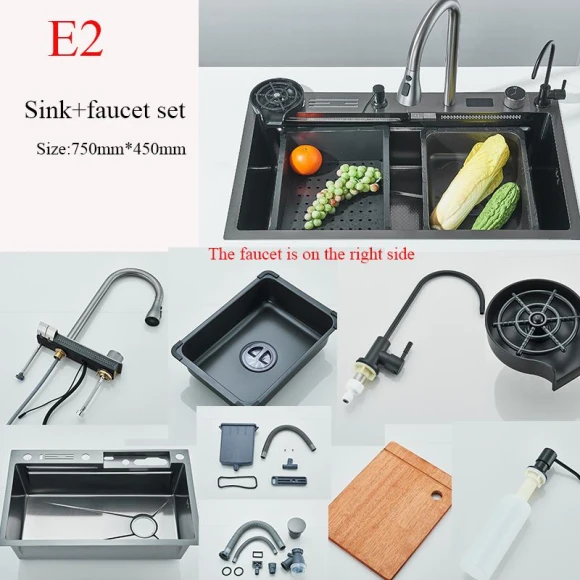 Kitchen Sink with Waterfall Faucet and Digital Display — Single Basin Sinks, MYQualife