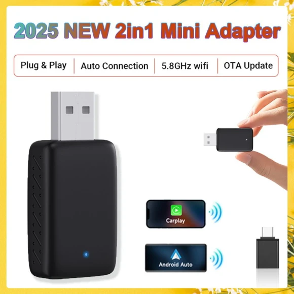 Mini 2-in-1 Wired to Wireless CarPlay and Android Auto Adapter — Phone Accessories, Auto Launcher