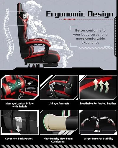 Gaming Chair with Massage Lumbar Support and Footrest — Gaming Seating Solutions, Yaheetech